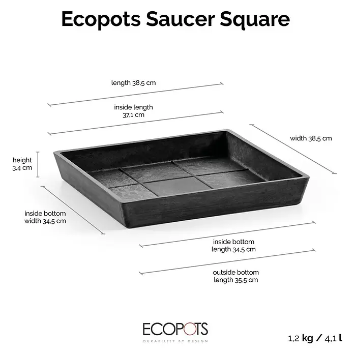 Ecopots Rotterdam Kasten-Untersetzer - 37,1 x 34,5 x 3,4 cm, Kunststoff, Dunkelgrau - Dunkelgrauer, quadratischer Ecopots Untersetzer mit Maßangaben.