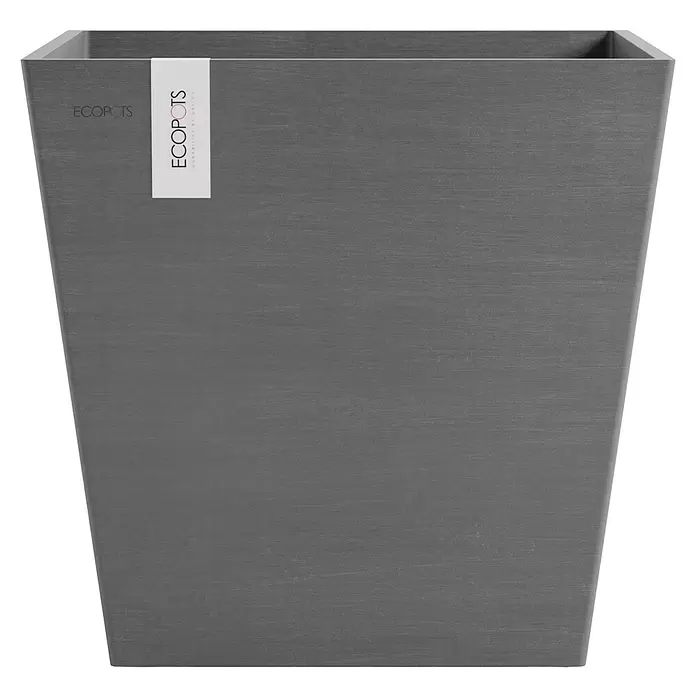 Ecopots Rotterdam Pflanzkasten mit Wasserspeicher - Außenmaß (L x B x H): 43,6 x 43,6 x 42,5 cm, Kunststoff, Grau - Dunkelgrauer, rechteckiger Pflanztopf mit Textur und 'ECOPOTS'-Etikett.