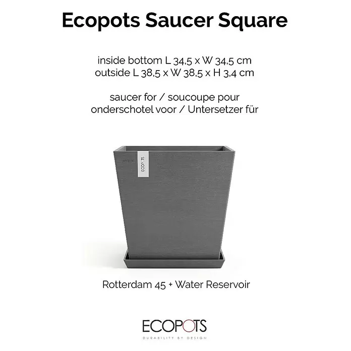 Ecopots Rotterdam Kasten-Untersetzer - 37,1 x 34,5 x 3,4 cm, Kunststoff, Grau - Dunkelgrauer quadratischer Ecopots Pflanztopf auf passendem Untersetzer. Der Topf ist konisch und strukturiert.