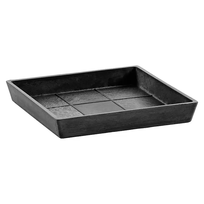 Ecopots Rotterdam Kasten-Untersetzer - 21 x 19,3 x 2,5 cm, Kunststoff, Dunkelgrau - Texturierte schwarze rechteckige Schale mit internem Gitter.