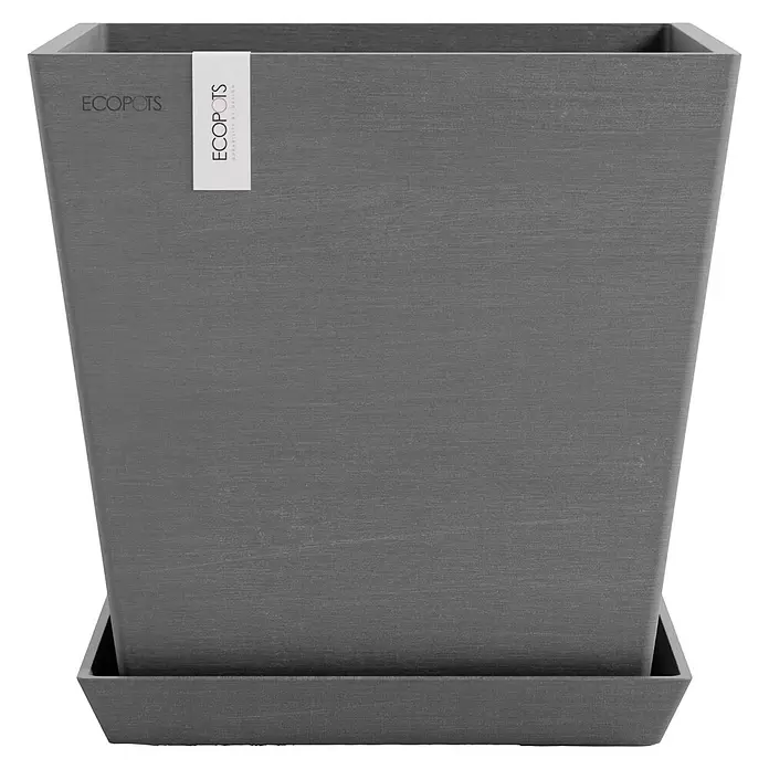 Ecopots Rotterdam Pflanzkasten mit Wasserspeicher - Außenmaß (L x B x H): 25 x 25 x 24,6 cm, Kunststoff, Grau - Quadratischer grauer strukturierter ECOPOTS Pflanztopf mit passendem Untersetzer.