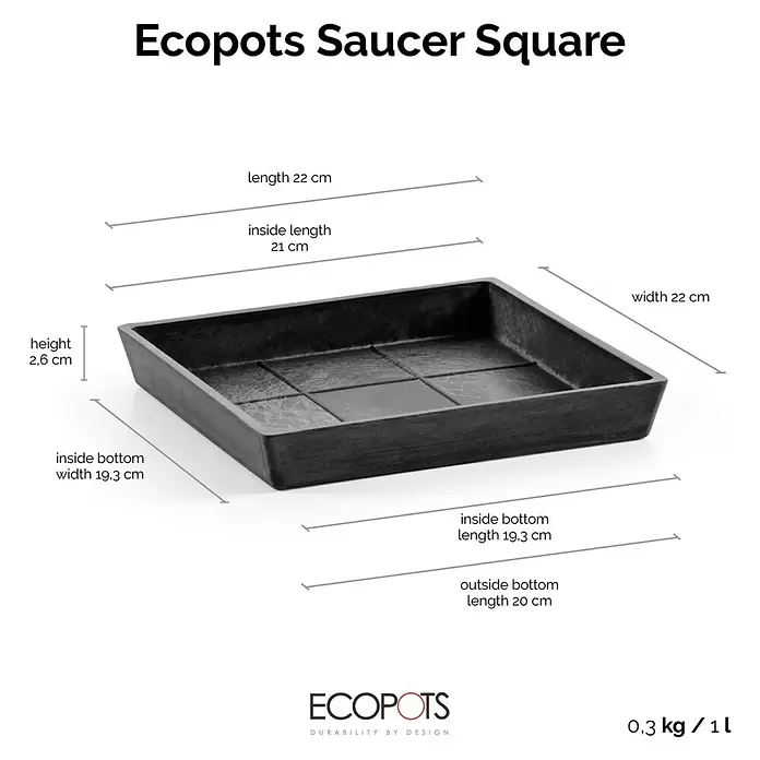 Ecopots Rotterdam Kasten-Untersetzer - 21 x 19,3 x 2,5 cm, Kunststoff, Dunkelgrau - Dunkelgrauer, quadratischer Ecopots Untersetzer mit strukturierter Oberfläche.