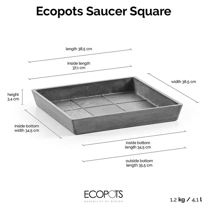 Ecopots Rotterdam Kasten-Untersetzer - 37,1 x 34,5 x 3,4 cm, Kunststoff, Grau - Dunkelgrauer quadratischer Ecopots Untersetzer mit Abmessungen.
