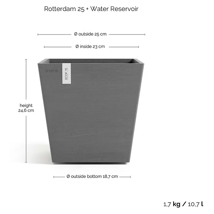 Ecopots Rotterdam Pflanzkasten mit Wasserspeicher - Außenmaß (L x B x H): 25 x 25 x 24,6 cm, Kunststoff, Grau - Grauer, rechteckiger ECOPOTS Rotterdam 25 Pflanztopf mit integriertem Wasserreservoir, Maße und Volumen.
