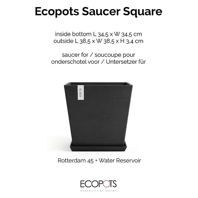 Ecopots Rotterdam Kasten-Untersetzer - 37,1 x 34,5 x 3,4 cm, Kunststoff, Dunkelgrau - Dunkelgrauer quadratischer Ecopots Pflanztopf mit passender Untertasse. Modell Rotterdam 45 mit Wasserreservoir.