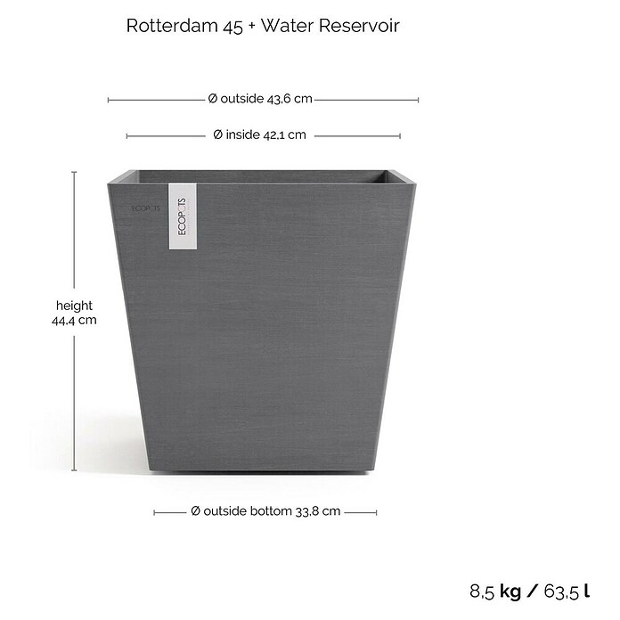 Ecopots Rotterdam Pflanzkasten mit Wasserspeicher (Außenmaß (L x B x H): 45,4 x 45,4 x 44 cm, Kunststoff, Grau) | BAUHAUS