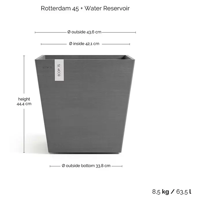 Ecopots Rotterdam Pflanzkasten mit Wasserspeicher - Außenmaß (L x B x H): 43,6 x 43,6 x 42,5 cm, Kunststoff, Grau - Graues Ecopots Rotterdam 45 Pflanzgefäß mit Wasserreservoir. Maße und Volumen angezeigt.