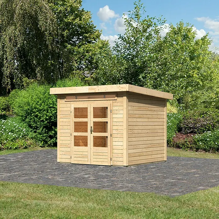 Karibu Gartenhaus Kandern 3 - Außenmaß inkl. Dachüberstand (B x T): 276 x 273 cm, Holz, Natur - Holzschuppen mit Doppeltür und Flachdach auf gepflastertem Untergrund im Garten.