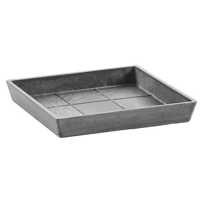 Ecopots Rotterdam Kasten-Untersetzer - 37,1 x 34,5 x 3,4 cm, Kunststoff, Grau - Dunkelgraues rechteckiges Mehrzwecktablett mit texturierter Oberfläche und Ablaufrillen.