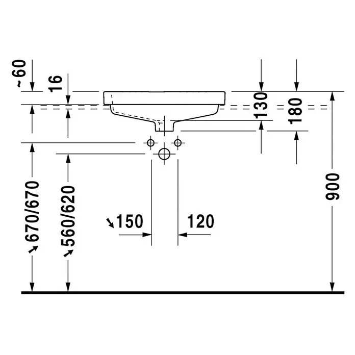 Duravit Vero Einbauwaschbecken - 55 x 46,5 cm, Ohne Spezialglasur, Hahnloch: Mitte, Mit Überlauf, Weiß - Abbildung der Waschbeckenabmessungen mit Höhen- und Breitenangaben für eine detaillierte Installationsplanung.