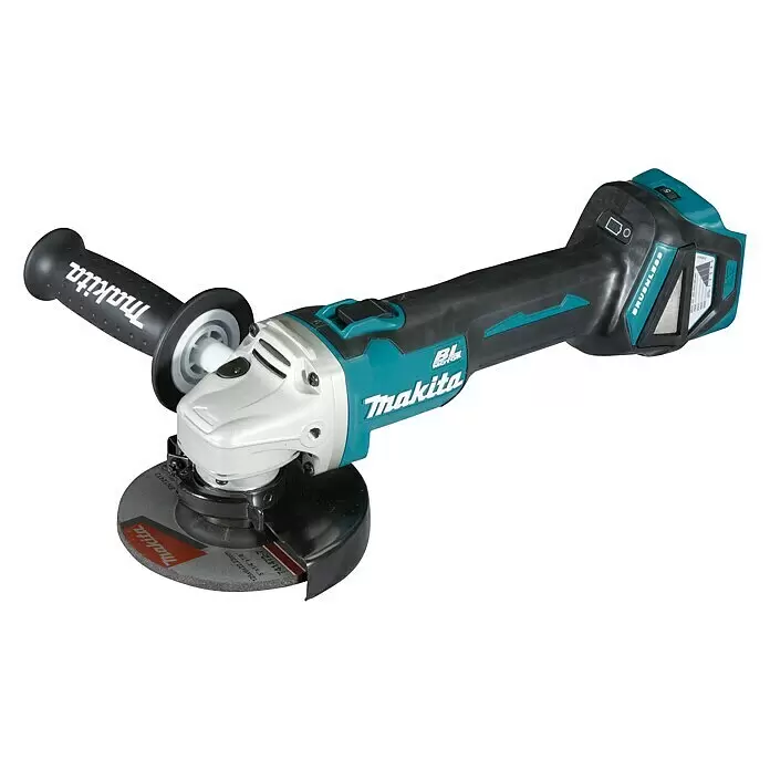 Makita LXT 18V Amoladora angular de batería DGA511 - Sin batería, Diámetro disco: 125 mm - Una amoladora angular inalámbrica Makita con cuerpo turquesa y negro, cabeza plateada y mango lateral negro, con disco de corte.