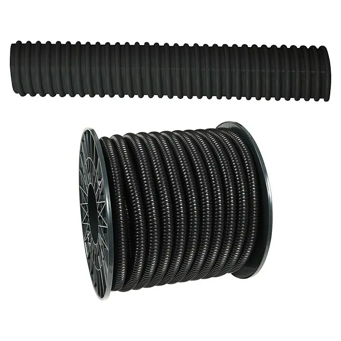 Floraworld Spiralschlauch Meterware - Durchmesser: 32 mm, 1 ¼″, Schwarz - Ein schwarzer, flexibler Kabelschutzschlauch, sowohl in gerader Form als auch auf einer Spule aufgerollt, für den vielseitigen Einsatz.