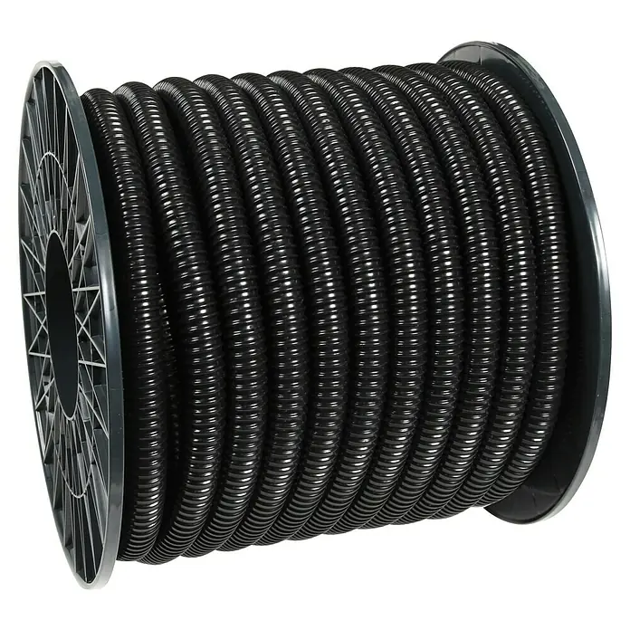 Floraworld Spiralschlauch Meterware - Durchmesser: 32 mm, 1 ¼″, Schwarz - Eine Spule mit gewelltem, schwarzem Drainagerohr, ideal für Garten- und Landschaftsbau. Robust und flexibel für vielfältige Anwendungen.