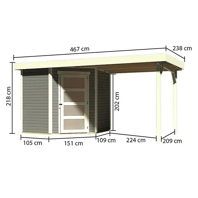 Karibu Gartenhaus Schwandorf 3 - Außenmaß inkl. Dachüberstand (B x T): 467 x 238 cm, Holz, Terragrau, Mit Anbaudach - Abbildung eines Gartenhauses mit den Massen 105 cm, 218 cm, 467 cm, 238 cm, 202 cm, 109 cm, 224 cm, 209 cm und 151 cm.