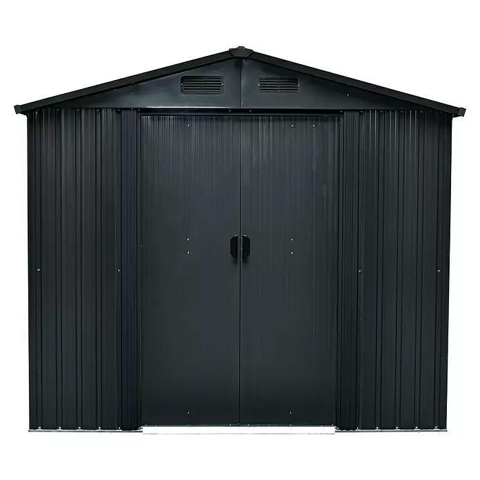 Floraworld Gerätehaus - Außenmaß inkl. Dachüberstand (B x T): 236 x 174 cm, Stahl, Anthrazit - Schwarzer Geräteschuppen aus Wellblech mit Doppeltüren und Dachlüftung für die Lagerung im Freien.