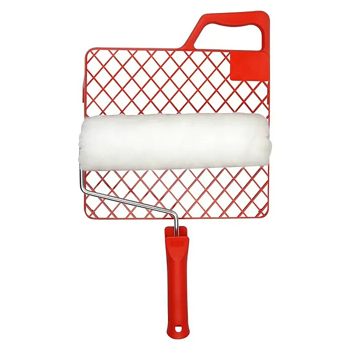 swingcolor Farbroller-Set Basic2 -tlg., Breite Walze: 25 cm, Bügelstärke: 6 mm - Bild eines Farbrollers mit rotem Griff und Gitter für gleichmäßiges Auftragen. Perfekt für Renovierungen.