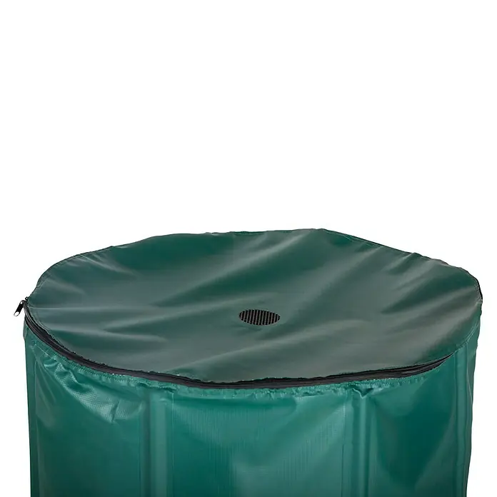 Regentonne faltbar - 250 l, Grün, 1 Stk. - Nahaufnahme eines grünen, runden Behälters mit Reißverschluss und Mesh-Einsatz in der Mitte des Deckels. Ideal für Gartenabfälle.