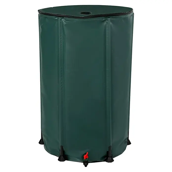 Regentonne faltbar - 250 l, Grün, 1 Stk. - Dieser Artikel zeigt einen grünen, faltbaren Regenwassertank mit einem roten Hahn und einem schwarzen Deckel. Ideal für die Gartenarbeit.