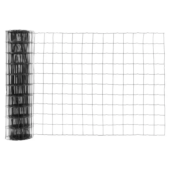 Floraworld Gitterzaun Carat - 20 m x 100 cm, Anthrazit - Dunkler, gerollter Drahtgeflechtzaun mit quadratischem Gittermuster, teilweise abgerollt.