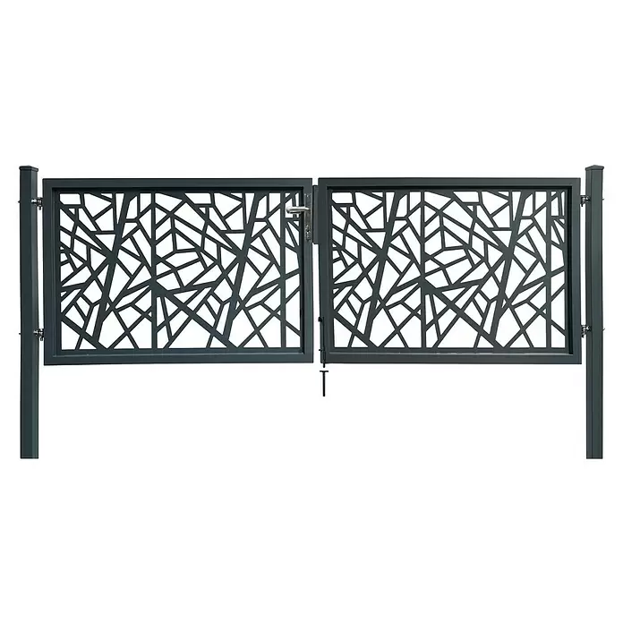 Floraworld Zauntor Amsterdam - 300 x 100 cm, Anthrazit, Aluminium, Zum Einbetonieren - Dunkelgraues Metall-Doppeltor mit abstraktem geometrischem Muster, Pfosten und Griff.