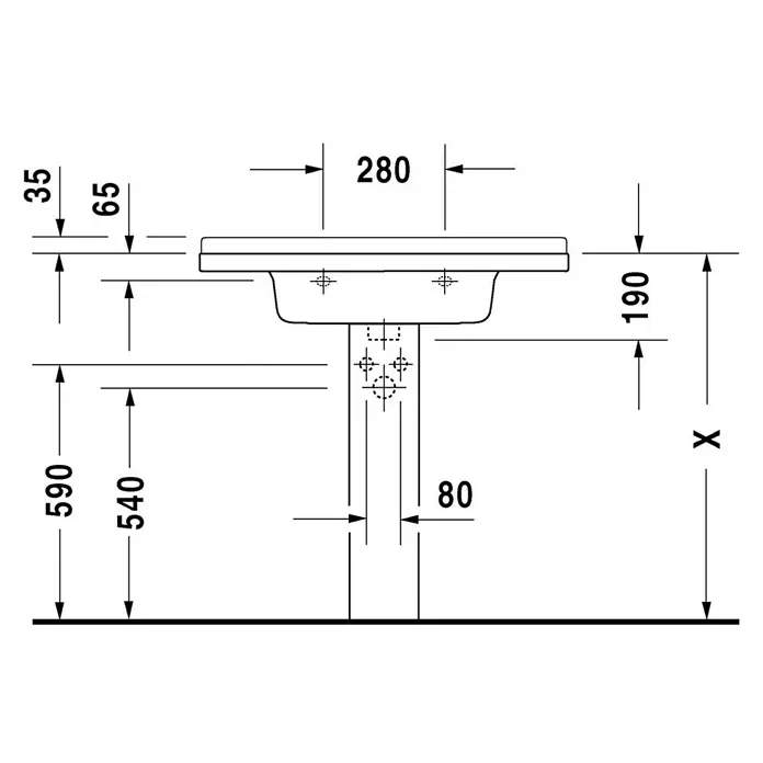 Duravit Starck 3 Waschtisch Typ 1 - 85 x 48,5 cm, Ohne Spezialglasur, Hahnloch: Mitte, Mit Überlauf, Weiß - Technische Zeichnung eines Waschbeckens mit Maßen, die die Abmessungen des Produkts detailliert beschreiben.