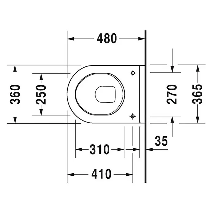 Duravit Starck 3 Wand-WC Compact - Mit Spülrand, Ohne Spezialglasur, Spülform: Tief, Sichtbarkeit Befestigung: Sichtbar, Weiß - Technische Zeichnung einer Toilette mit Bemaßungen zur Installation. Die Grafik zeigt Details zu Größe & Wandabstand.