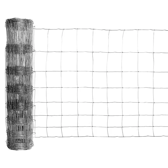 Floraworld Knotengeflecht - L x H: 50 m x 100 cm, Draht, Silber - Gerollter silberner Drahtzaun, teilweise abgewickelt, um sein Gittermuster zu zeigen.