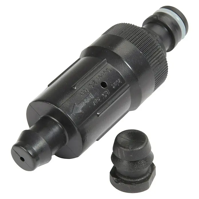 Zubehör-Set Perlschlauch - Schwarz - Schwarzer Wasserfilter für Gartenbewässerungssysteme mit Durchflussrichtungspfeil und Druckangaben.