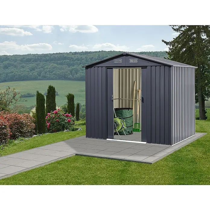 Floraworld Gerätehaus - Außenmaß inkl. Dachüberstand (B x T): 236 x 174 cm, Stahl, Anthrazit - Ein geräumiges, modernes Gartenhaus in Anthrazit mit Doppeltür bietet viel Stauraum für Gartengeräte und mehr.