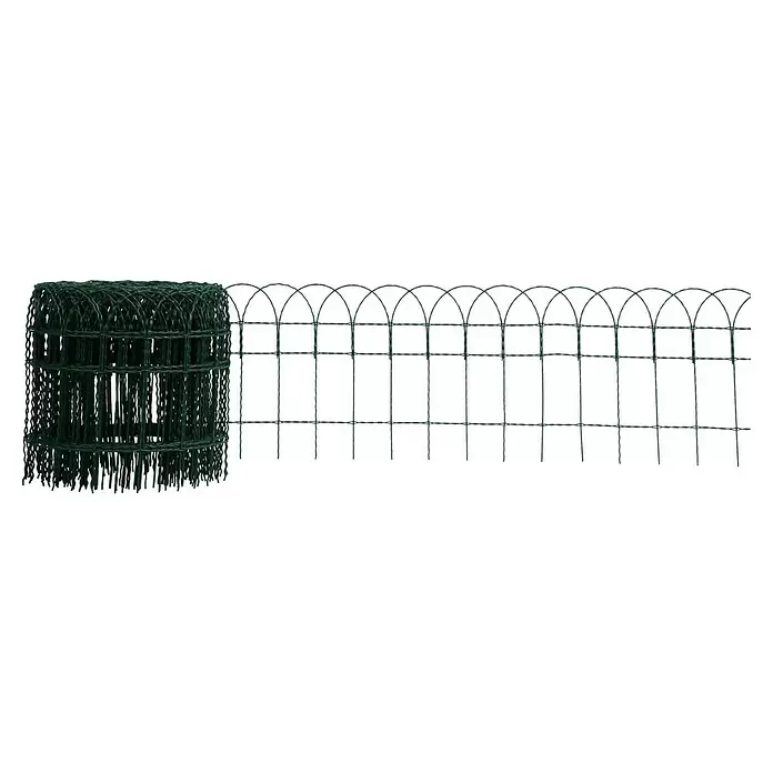 Floraworld Ziergitterzaun - 10 m x 65 cm, Moosgrün - Dunkelgrüner Gartenzaun, teilweise gerollt und entrollt, mit gewölbtem Oberteil.