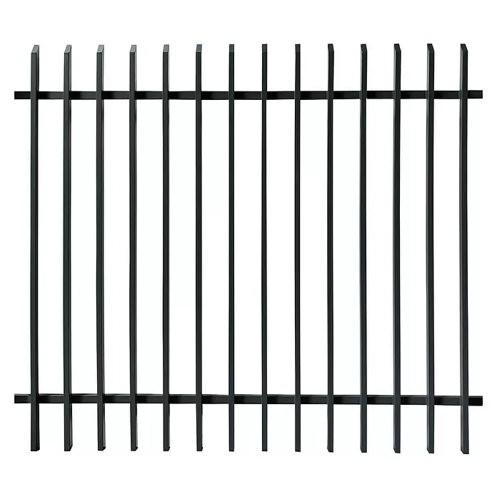 Floraworld Mattenzaun Porto - 200 x 180 cm, Anthrazit - Schwarzes Metallzaunfeld mit vertikalen Stäben und zwei horizontalen Streben. Die vertikalen Stäbe haben abgeschrägte Spitzen.