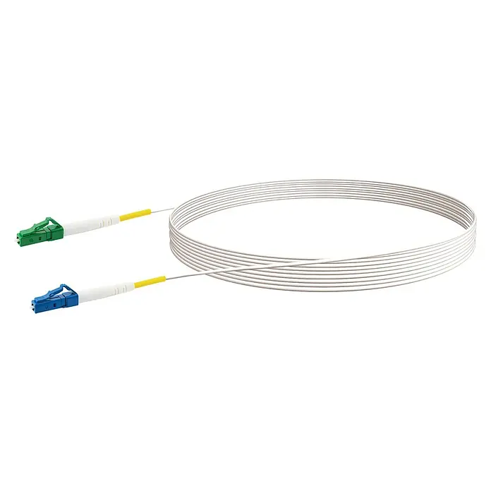 Schwaiger Glasfaser-Netzwerkkabel LC/APC-LC/UPC - 9 m, Weiß, Bis zu 10 Gbit/s - Ein weißes Glasfaserkabel mit grünen und blauen Anschlüssen, aufgerollt präsentiert.
