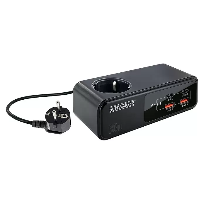 Schwaiger Steckdosenleiste mit Schuko Buchse (Typ F), 2x USB-A und 2x USB-C - Schwarz, Kabellänge: 1,5 m - Schwarze SCHWAIGER Mehrfachsteckdose mit einer Euro-AC-Steckdose, zwei USB-C- und zwei USB-A-Anschlüssen, 88W, mit integriertem Eurostecker-Kabel.