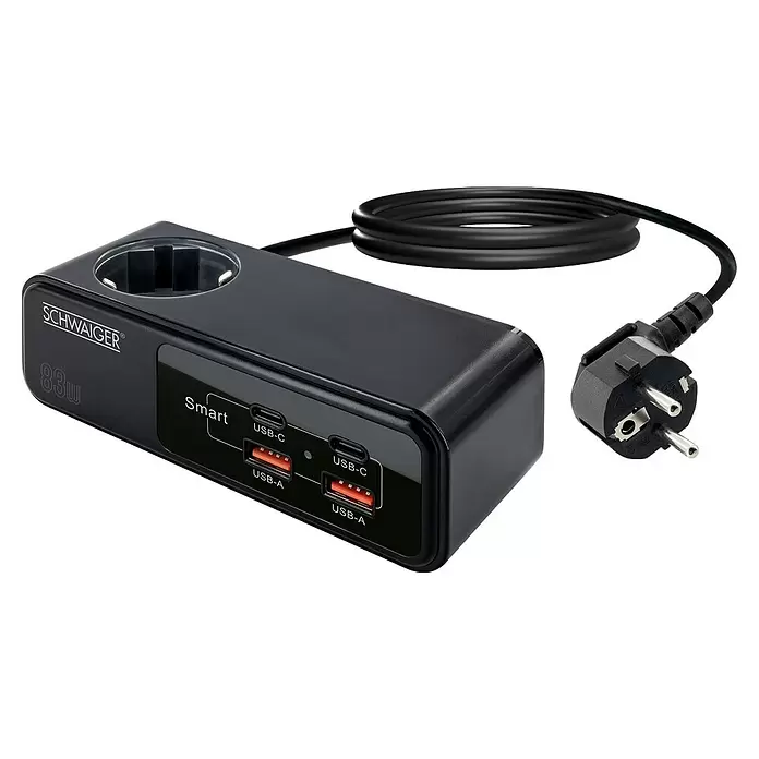 Schwaiger Steckdosenleiste mit Schuko Buchse (Typ F), 2x USB-A und 2x USB-C - Schwarz, Kabellänge: 1,5 m - Schwarze Schwaiger Steckdosenleiste mit einer AC-Steckdose, zwei USB-C- und zwei USB-A-Anschlüssen und einem Schuko-Stecker-Netzkabel, beschriftet mit 83W.