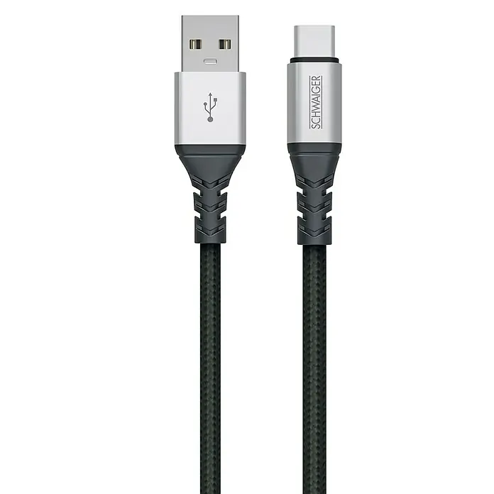 Schwaiger USB-Ladekabel - Länge: 1,2 m, USB A-Stecker, USB C-Stecker - Abbildung eines USB-C-auf-USB-A-Kabels der Marke Schwaiger mit geflochtener Kabelummantelung.