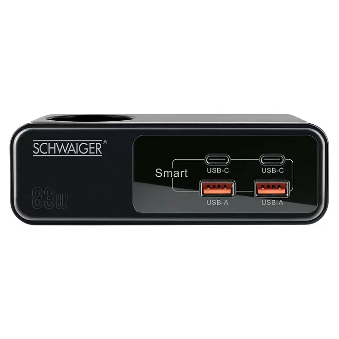 Schwaiger Steckdosenleiste mit Schuko Buchse (Typ F), 2x USB-A und 2x USB-C - Schwarz, Kabellänge: 1,5 m - Schwarzes Multi-Port USB-Ladegerät mit zwei USB-C- und zwei USB-A-Anschlüssen, beschriftet mit 'SCHWAIGER 83w' und 'Smart'.