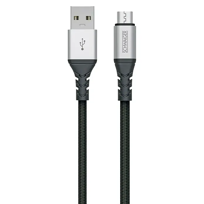 Schwaiger USB-Ladekabel - Länge: 1,2 m, USB A-Stecker, USB Micro-B-Stecker - Nahaufnahme eines USB-Kabels von SCHWAIGER mit geflochtenem Kabelmantel und silbernen Anschlüssen.