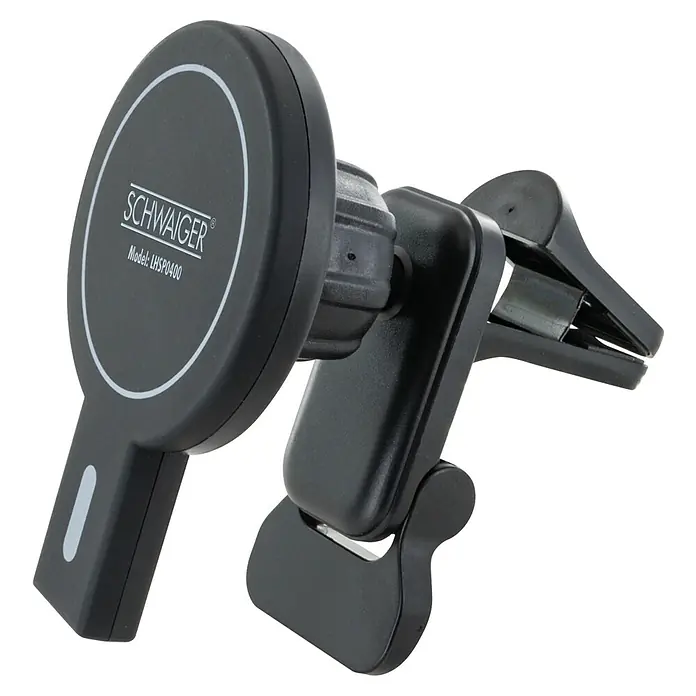 Schwaiger Smartphone-Halter mit Ladefunktion - Schwarz - Das Bild zeigt eine schwarze magnetische Handyhalterung von SCHWAIGER, Modell LHSP0400, zur Befestigung im Auto.
