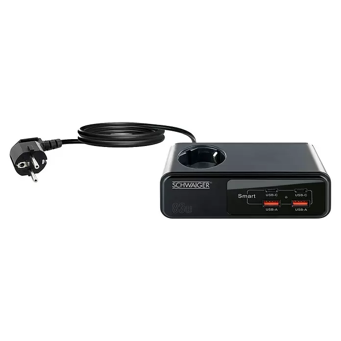 Schwaiger Steckdosenleiste mit Schuko Buchse (Typ F), 2x USB-A und 2x USB-C - Schwarz, Kabellänge: 1,5 m - Schwarzes SCHWAIGER 83W Multi-USB-Ladegerät mit Eurostecker, 1 AC-Steckdose, 2 USB-C und 2 USB-A Anschlüssen.