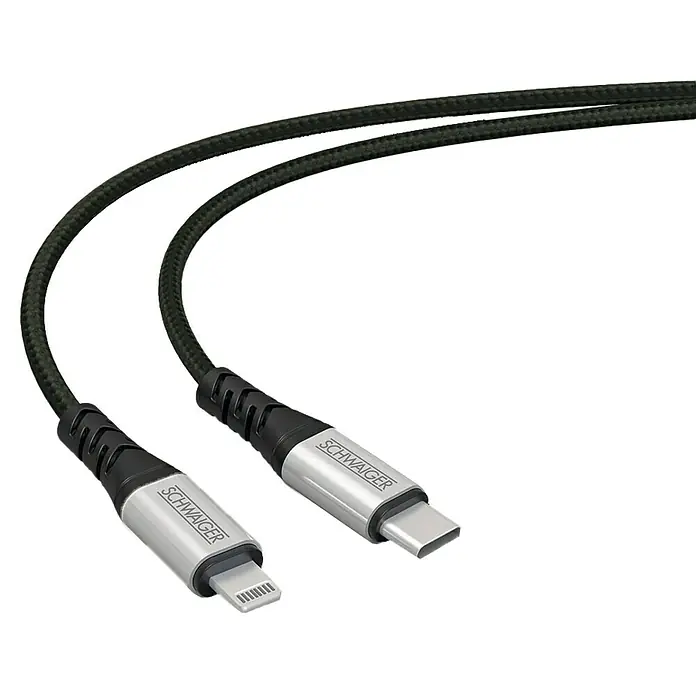 Schwaiger USB-Ladekabel - Länge: 1,2 m, USB C-Stecker, Lightning-Stecker - Abbildung eines schwarzen SCHWAIGER-Kabels mit USB-C- und Lightning-Anschlüssen für schnelles Laden und zuverlässige Datenübertragung.