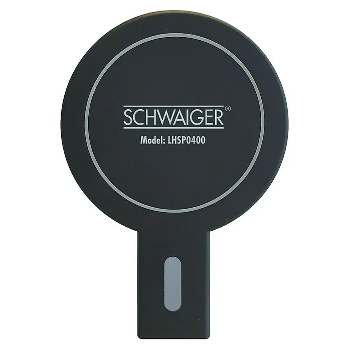 Schwaiger Smartphone-Halter mit Ladefunktion - Schwarz - Nahaufnahme eines schwarzen "SCHWAIGER"-Modells LHSP0400 Geräts auf schwarzem Hintergrund.