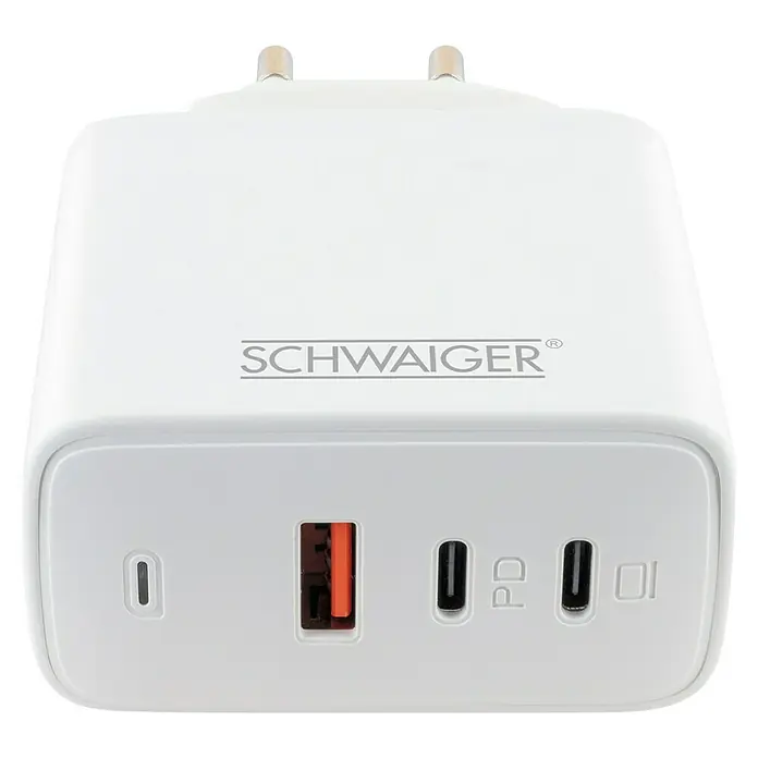 Schwaiger USB-Ladeadapter - USB A-Stecker, USB C-Stecker - Ein weißer SCHWAIGER® Netzadapter mit mehreren USB-Anschlüssen zum Aufladen verschiedener Geräte.