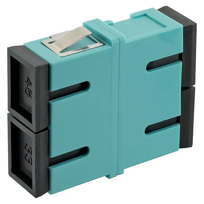 Schwaiger Glasfaser-Netzwerkkabel Verbinder LC Adapter o. Flagge - 2-fach, Blau/Schwarz - Nahaufnahme eines SC/APC Duplex-Adapters in Türkis mit schwarzem Gehäuse, ideal für Glasfaserverbindungen.