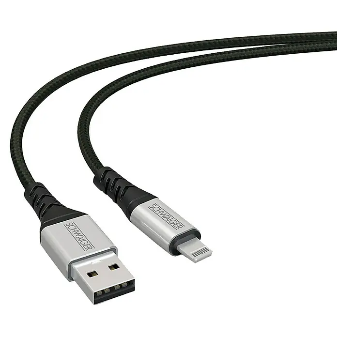 Schwaiger USB-Ladekabel - Länge: 1,2 m, USB A-Stecker, Lightning-Stecker - Das Bild zeigt ein Schwaiger Lightning auf USB-Kabel mit einem geflochtenen schwarzen Kabel für den Datenaustausch und zum Aufladen von Geräten.