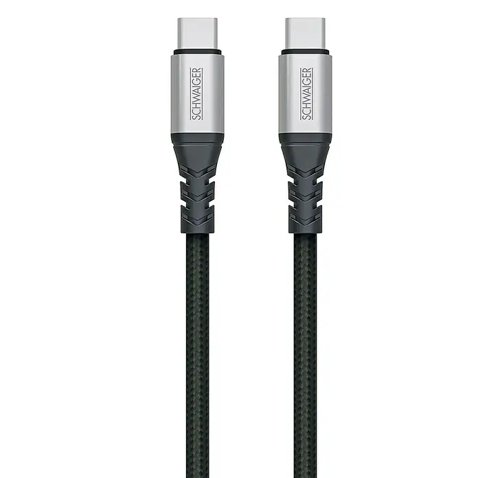 Schwaiger USB-Ladekabel - Länge: 1,2 m, USB C-Stecker - Nahaufnahme eines SCHWAIGER USB-C-Kabels mit grauem Geflecht und silbernen Steckern.