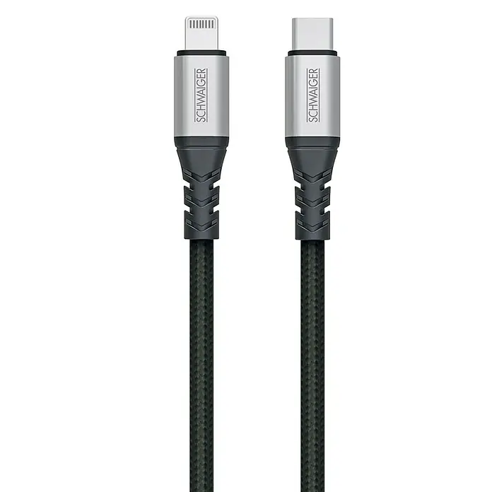 Schwaiger USB-Ladekabel - Länge: 1,2 m, USB C-Stecker, Lightning-Stecker - Bild von zwei SCHWAIGER Ladekabeln mit Lightning- und USB-C-Anschluss, die für schnelles und effizientes Aufladen von Geräten sorgen.