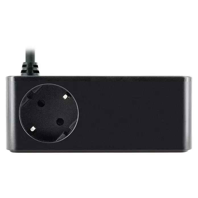 Schwaiger Steckdosenleiste mit Schuko Buchse (Typ F), 2x USB-A und 2x USB-C - Schwarz, Kabellänge: 1,5 m - Schwarze einzelne Schuko-Steckdose mit integriertem Netzkabel.