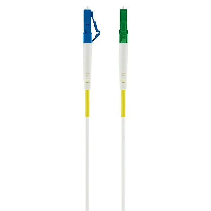 Schwaiger Glasfaser-Netzwerkkabel LC/APC-LC/UPC - 3 m, Weiß, Bis zu 10 Gbit/s - Zwei LWL-Patchkabel mit blauen und grünen Anschlüssen und weiß-gelben Kabeln für schnelle Datenübertragung in Ihrem Netzwerk.