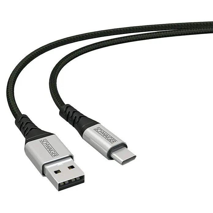 Schwaiger USB-Ladekabel - Länge: 1,2 m, USB A-Stecker, USB C-Stecker - Abbildung eines USB-Kabels von SCHWAIGER mit USB-A- und USB-C-Anschlüssen, ideal für die Datenübertragung und das Aufladen verschiedener Geräte.