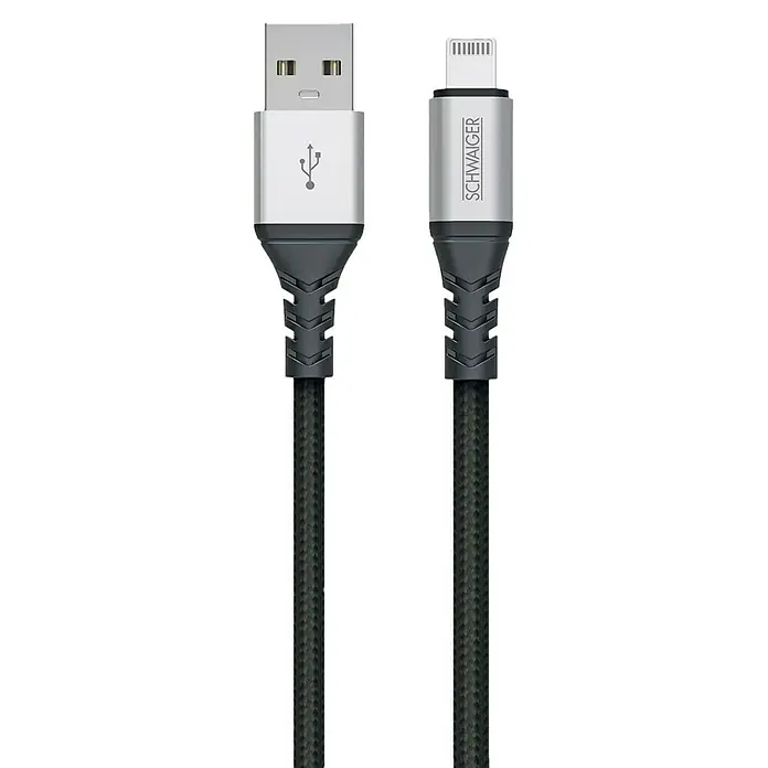 Schwaiger USB-Ladekabel - Länge: 1,2 m, USB A-Stecker, Lightning-Stecker - Abbildung eines schwarzen SCHWAIGER Lightning- auf USB-A-Ladekabel für Apple-Geräte mit stabilen, hochwertigen Steckern für beste Leistung.